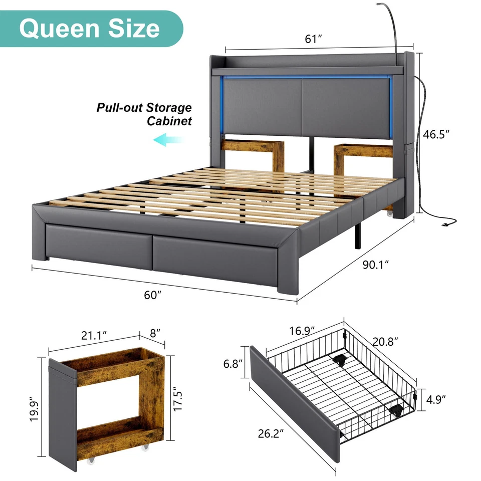 Armação de cama queen size com cabeceira e 4 armazenamento, cama queen size LED com estação de carregamento - Imagem 3 de 4