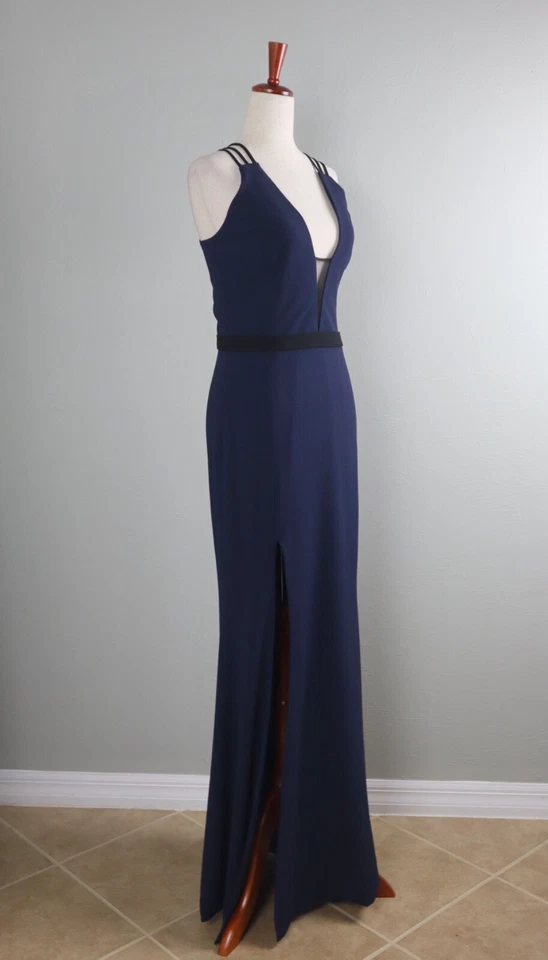Maxi Vestido de Noche DRESS THE POBLATION $288 Azul Crepe Malla Abertura Talla Mediana Foto 2 de 4