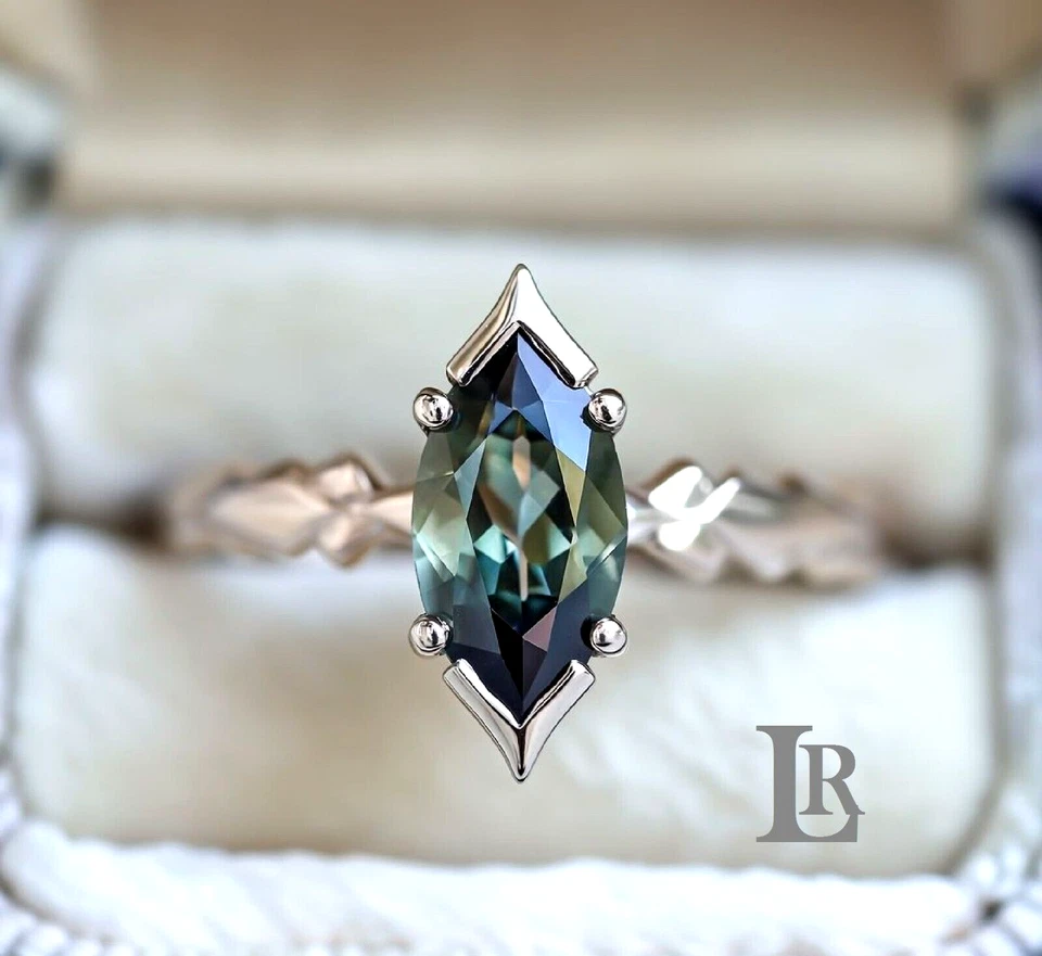 Anillo de compromiso de piedra gris talla marquesa de 1,5 quilates, anillo vintage de plata de ley 925 Foto 2 de 4