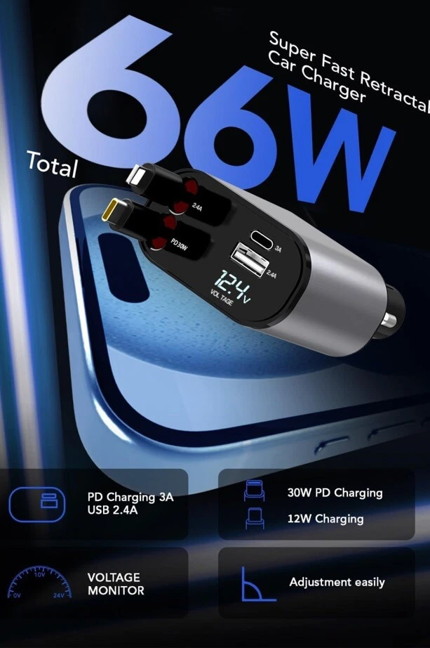 Cargador de coche retráctil 4 en 1 doble puerto USB C cable PD adaptador de carga rápida EE. UU. Foto 3 de 4