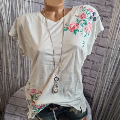 Esprit Shirt Bluse Kurzarm Damen Gr. M bis XL weiß Stickerei Muster (902) NEU