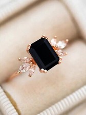 Natural Black Onyx Ring, Black Onyx Stone Engagement Ring, Emerald Cut Onyx Ring