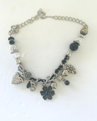 Hearts and Charms Necklace Black and Silver Tone Paparazzi I'm Charmed EUC