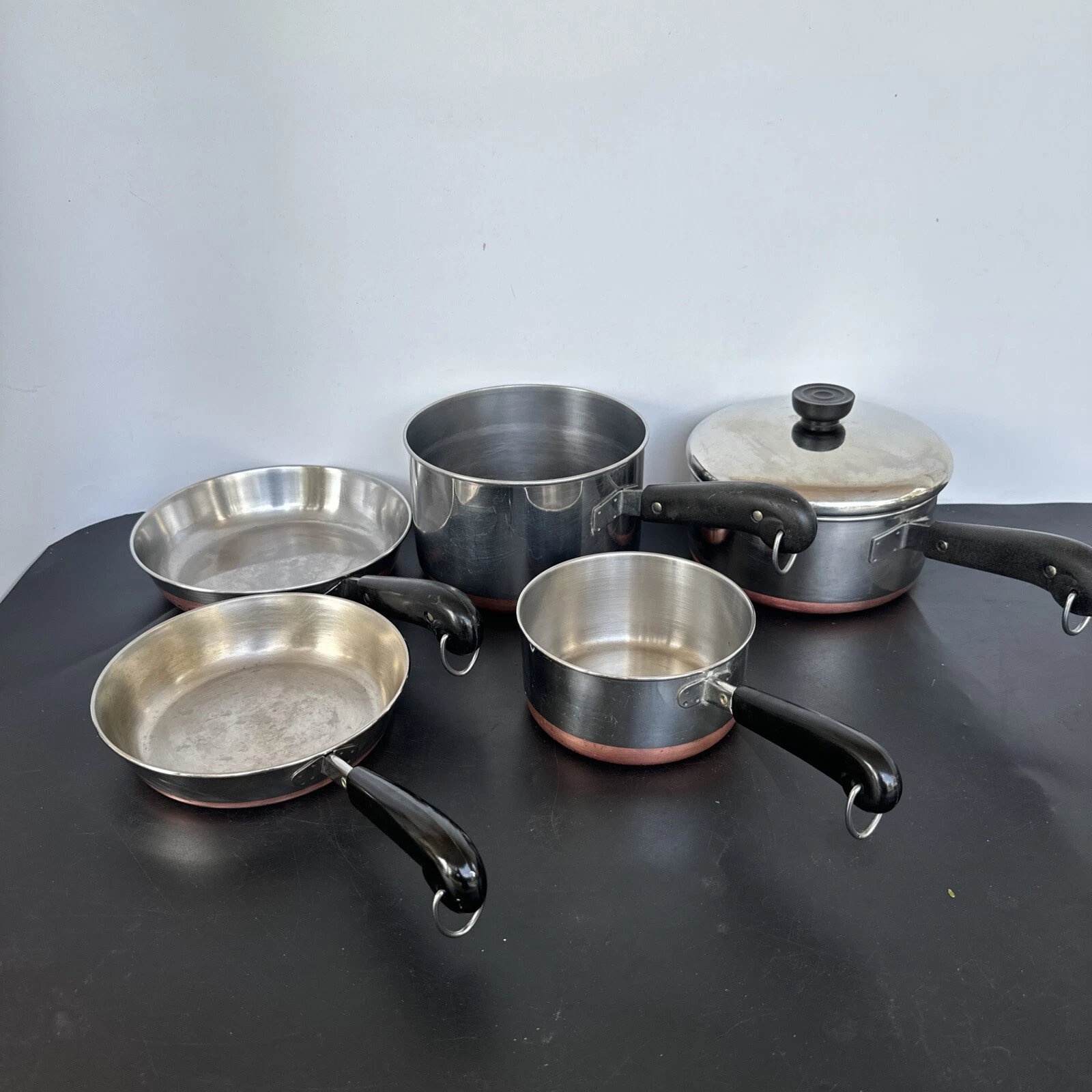 5 Vintage Revere Ware Copper Clad Bottom Pots 1 LID P3