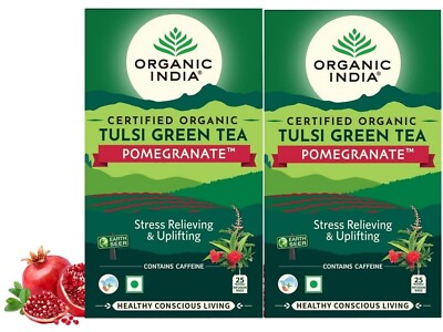 Organic Tulsi Green Tea Pomegranate , Certified Organic - (25+25 = 50) Tea Bags