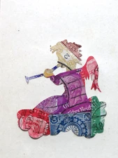 Early Handmade Postage Stamp Collage Art Postcard, Boy Angel Playing Horn,Framed