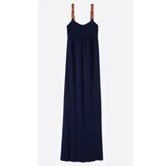 Maxi abito TORY BURCH blu navy opaco slip stacey plastica tartaruga catena cinghie M = 8