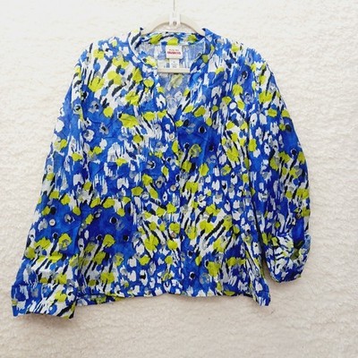 Blouse Blue Lime Linen Floral See Through Abstract Whimsycore Boho Resort Sz 12
