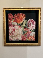 VTG Dimensions Needlepoint Bouquet on Black, Finished And Beautifully Framed 