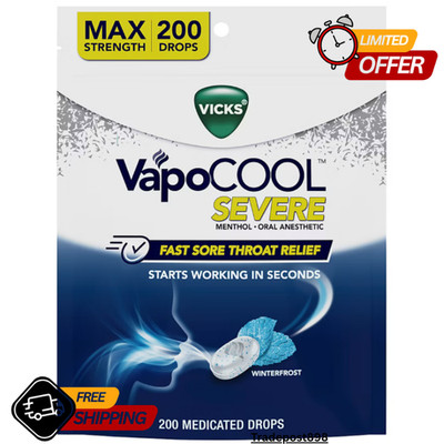 Vicks VapoCool Max Strength, Menthol, Fast Sore Throat Relief Drops, 200 ct.