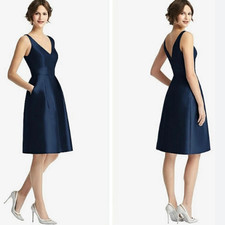 Alfred Sung Midnight Navy Blue V Neck Satin Dress Size 2 D768