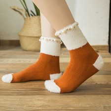 5 Pair Women Socks Faux Fur Trim Beaded Spliced Preppy Style Loose Socks Comfort