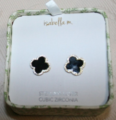 Sterling silver Cubic Zirconia stud earrings.Clover shaped.Black onyx. NWB.