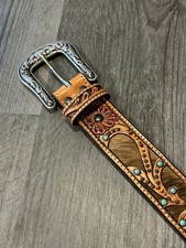 Ariat Womens Leather Belt Large Red Floral Tooled Calf Hair Underlay A1533008