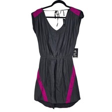 Express Women XS Mini Dress Gray Magenta Lace Trim V-Neck Elastic Waist NWT
