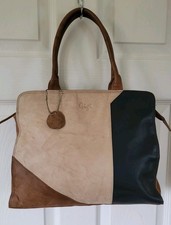 Gigi Soft Genuine Leather Tan/Cream/Black Colour Block Tote Bag Handbag VGC 