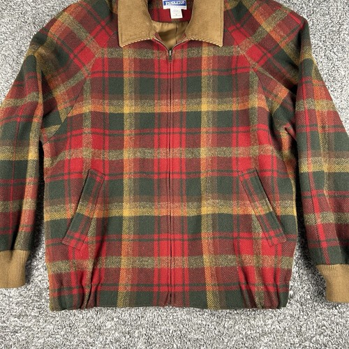 VTG Pendleton Knockabout Red Green Plaid Wool Zip Up Corduroy Collar Jacket M - Picture 2 of 13