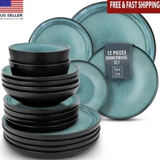 12 Piece Stoneware Dinnerware Set 4 Microwave Dishwasher Safe Bowls Plates New