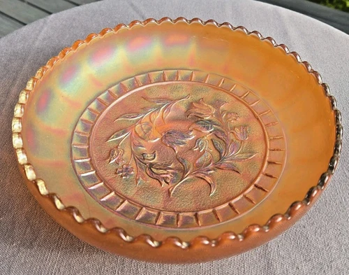 vtg FENTON Two Flowers  -Marigold Carnival Glass - Sawtooth Bowl 7.5" EXCELLENT