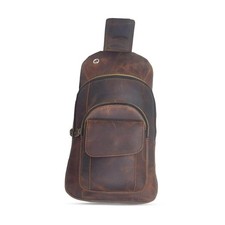 Handmade Buffalo Leather Travel Hiking Crossbody Chest Backpack Dark Brown