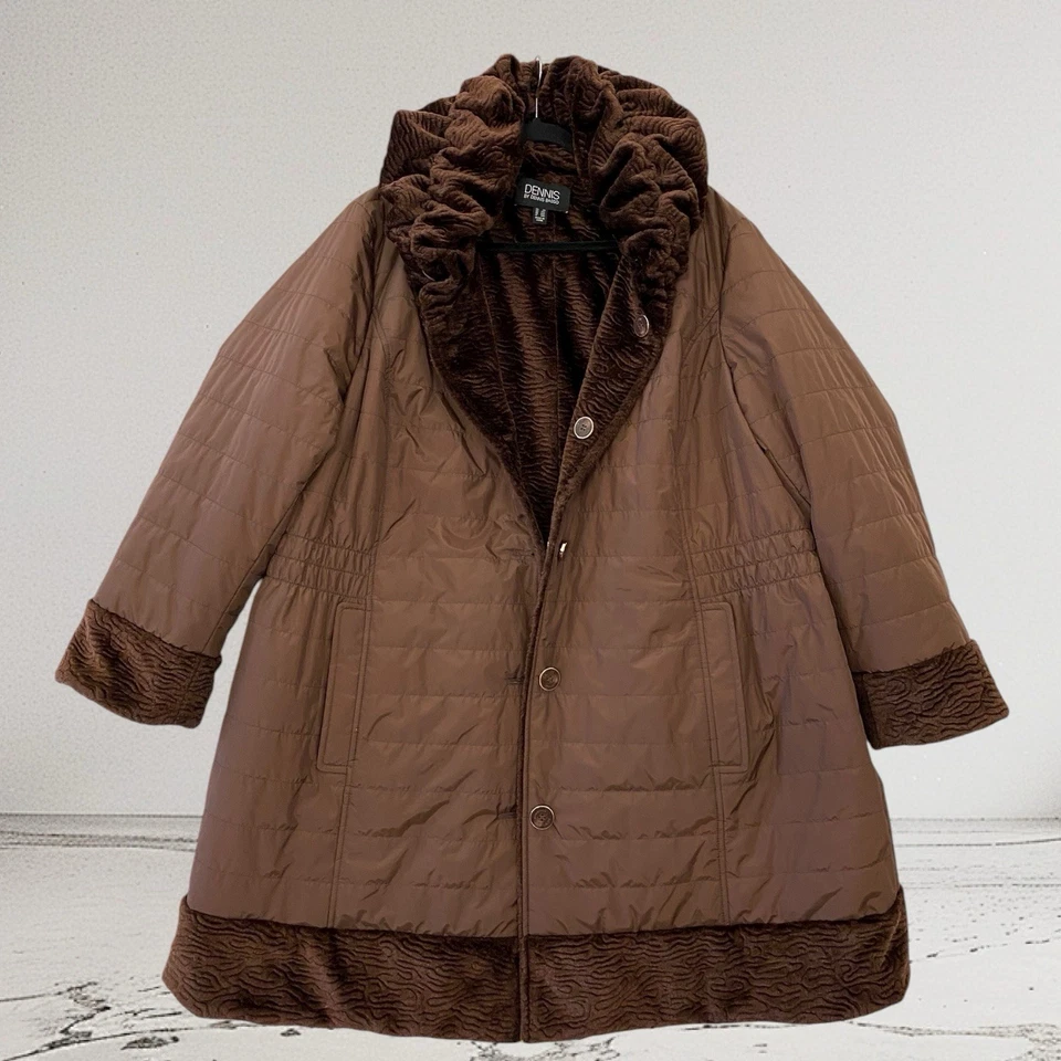 Abrigo acolchado reversible de piel sintética Dennis Basso para mujer talla 2X marrón felpa acogedor Foto 3 de 4