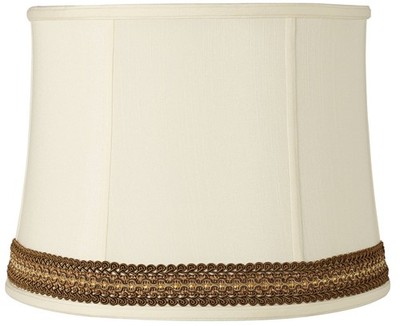 Creme Medium Drum Shade with Florentine Scroll Trim 14'' Top x 16'' Bottom x 12''H