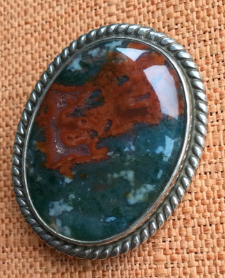 Vintage Malcolm graue schottische Silber Brosche rot grün Moosachat, MG Herstellermarke