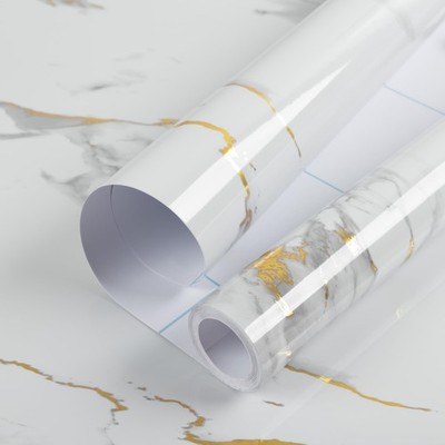 Glossy Marble Peel and Stick Wallpaper White/Gold Granite for Kitchen 11.8''x7...