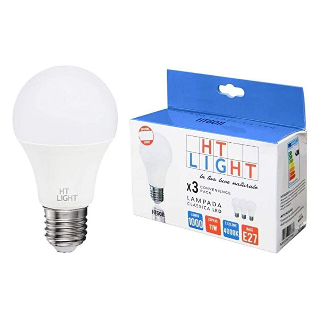 Ht Light set 3 lampadine a led luce bianco naturale, bulbo a pera con attacco E2