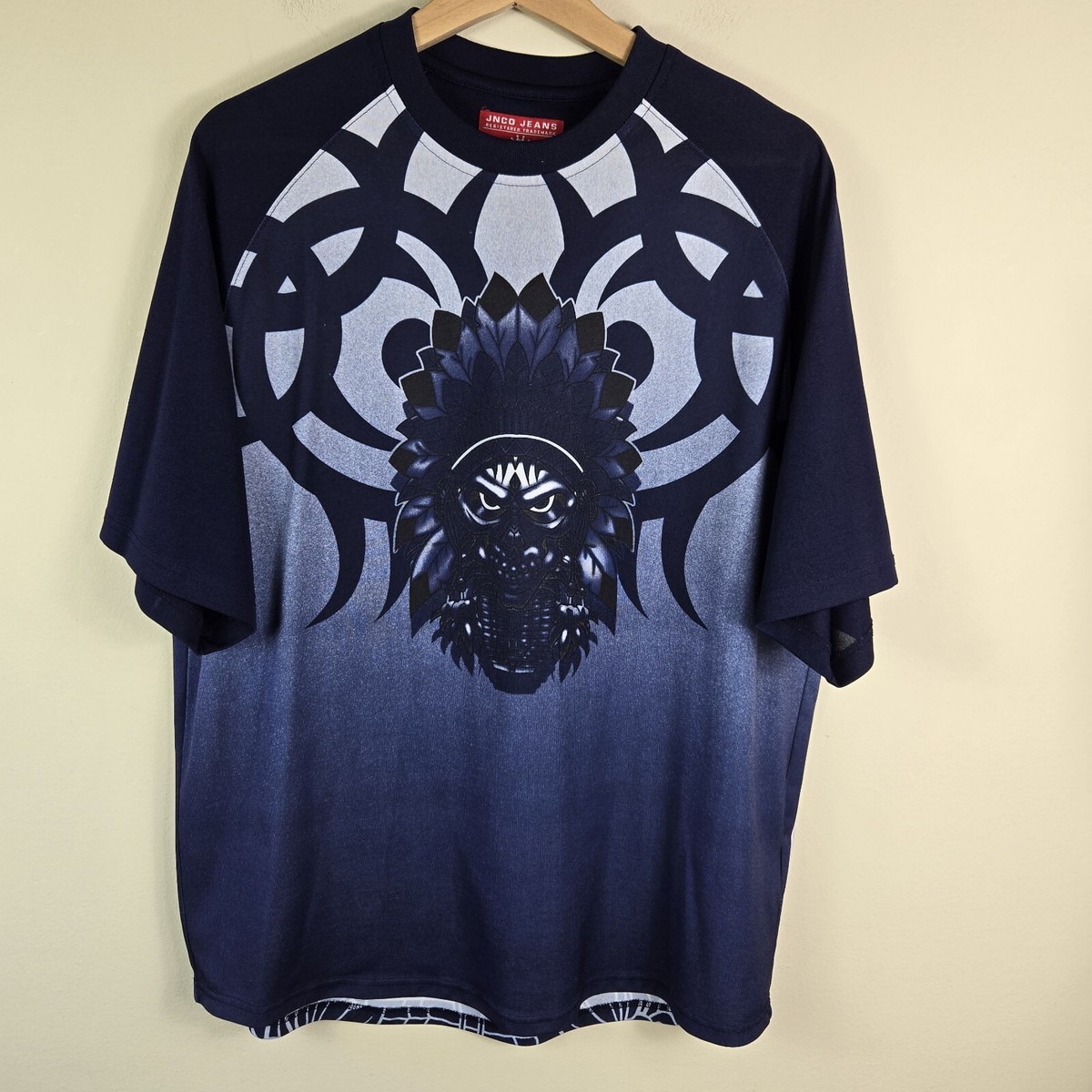 Jnco Jeans Mens Top L Blue Tribal Warrior All Over Print Tee T 