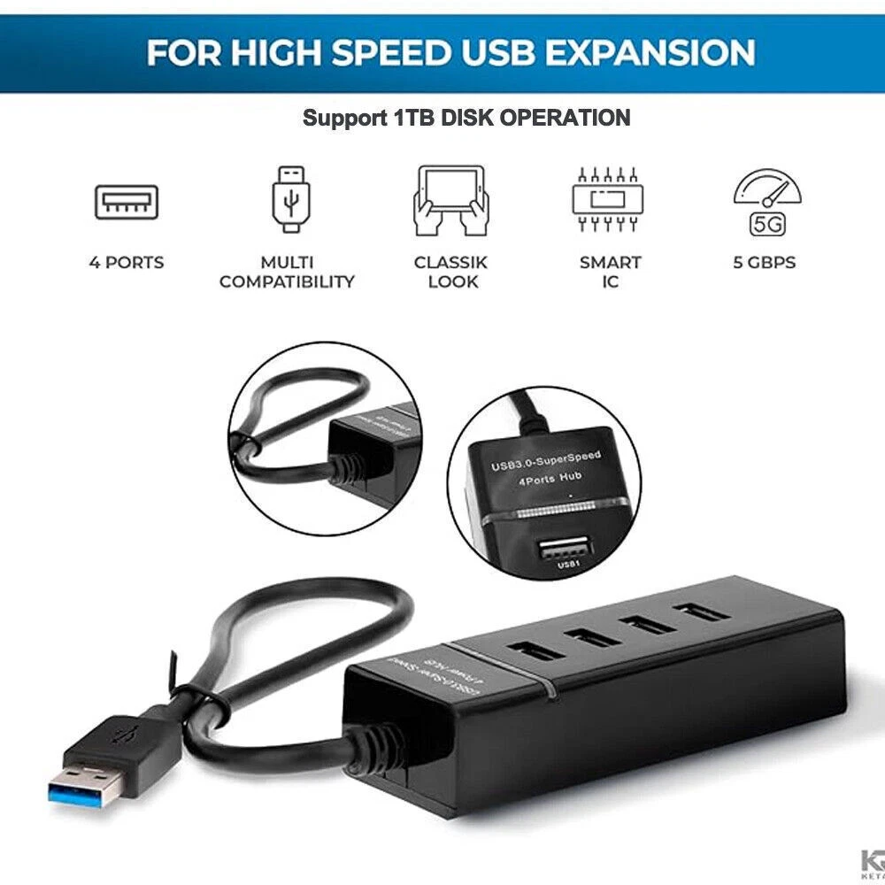 4-Port USB 3.0 Hub Adapter 5Gbps High-Speed for PC Laptop Desktop