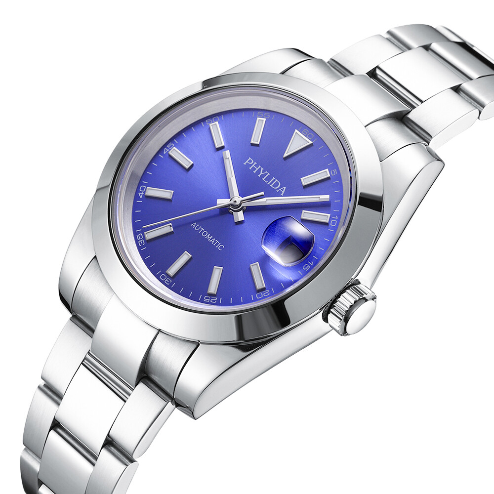 PHYLIDA Sapphire Crystal Watch for Men 39mm Blue Dial Date