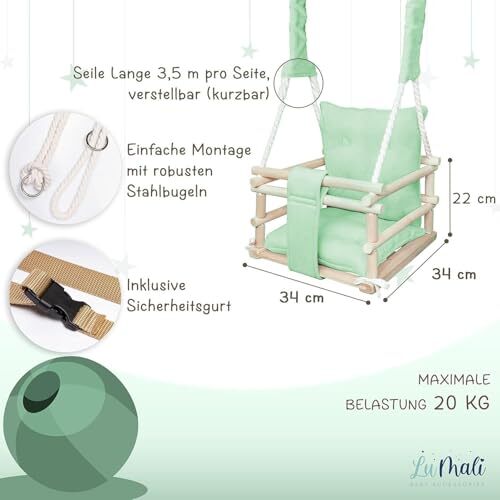 Holz Babyschaukel Indoor 3in1 – Kinderschaukel mit Kissen und Sicherheitsgurt - Bild 4 von 57