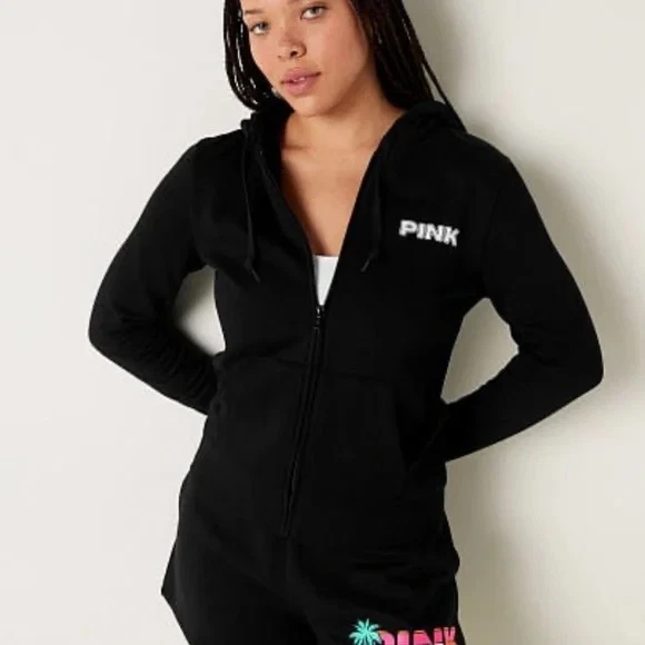 UNDERCOVER Felpa con cappuccio Victoria's Secret ROSA in pile di tutti i giorni nera tropicale media NUOVA