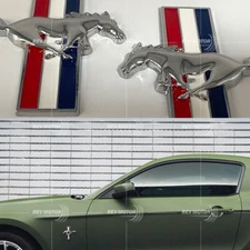 2x Glossy Silver For Mustang US Flag Running Horse Side Fender Emblem Nameplate