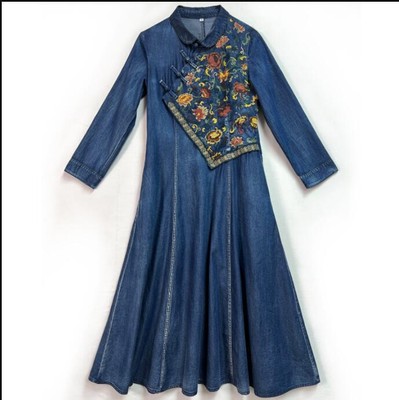 Women's 2022 Fashion Ethnic Embroidery Frog Long Sleeve Denim A Line Dress 8672