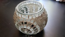 Mosaic Glass Mirrored Beaded Tea Light Holder Silver White Handmade Decorative