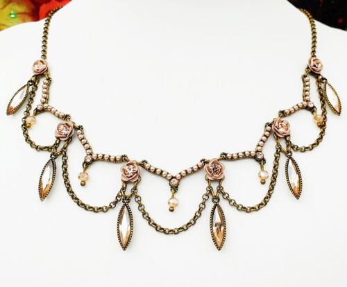 Michal Negrin Necklace Crystal Peach Pearl Drops Roses Victorian Wedding Bridal - Picture 1 of 1