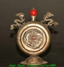 3.3''Old Tibet Bronze Silver inlay Gems Double Dragon Ear Snuff Bottle
