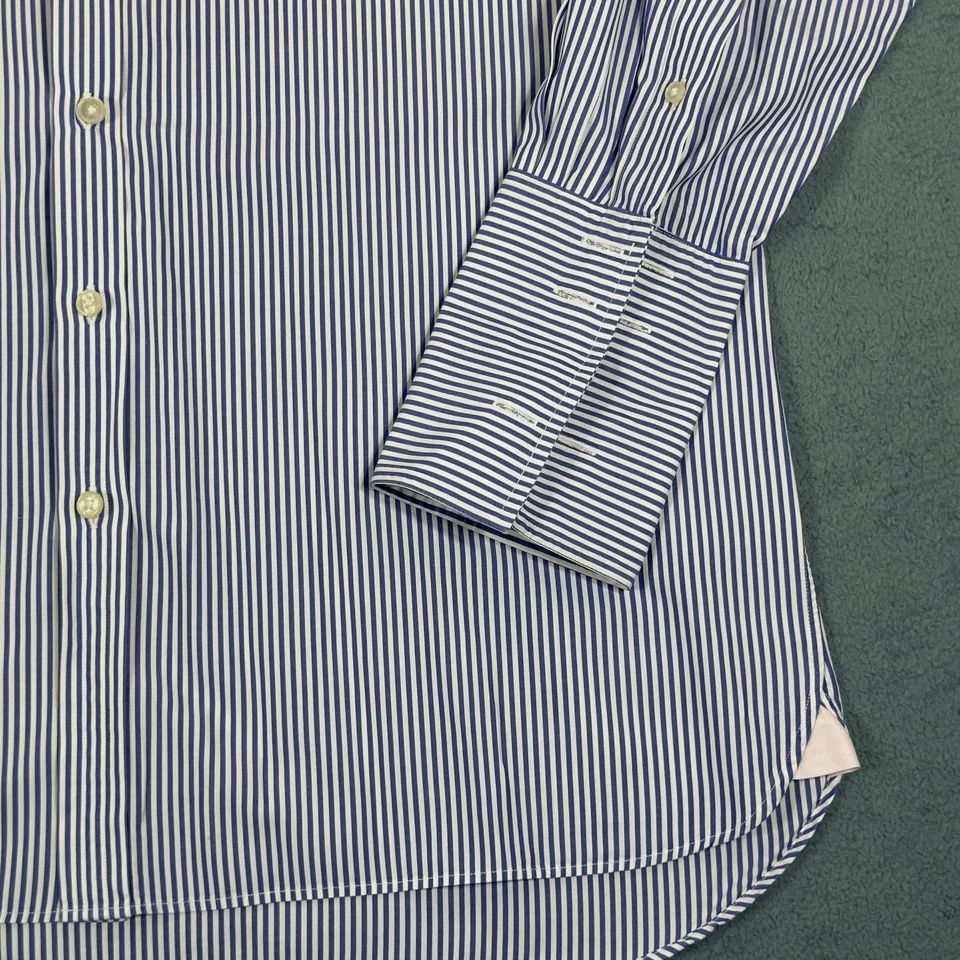 Camisa de vestir rosa Thomas azul a rayas manga larga abotonada para hombre 16 1/2-35 Foto 3 de 4