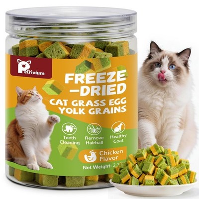 Cat Grass Treats for Indoor Cats, 60g Freeze-Dried Cat Grass & Egg Yolk Treat...
