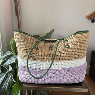 Kate Spade Straw Large Tote Iris Bloom Purple Colorblock Beach Bag Woven