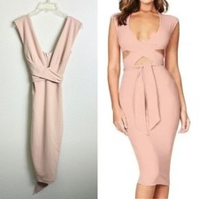 Nookie Women's Miami Midi Dress Beige Bodycon Waist Tie Clubbing Dance Women XS