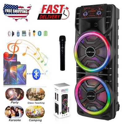 Wireless Dual 12'' Portable FM Bluetooth Party Speaker Subwoofer Heavy Bass w/Mic