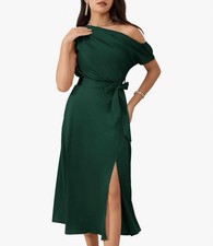 Women’s Sleeveless Elegant Midi Cocktail One-Shoulder Tie Dress Satin M Party