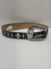 Women's Black Fleur de Lis Studded Rhinestone Belt Cowgirl Silver Buckle 36"-38"