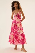 FARM RIO Tropical Groove Pink CUTOUT TIERED HALTER NECK MAXI  DRESS XS