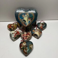 Vintage Heart Shaped Paper Mache Ornament Set Of 6