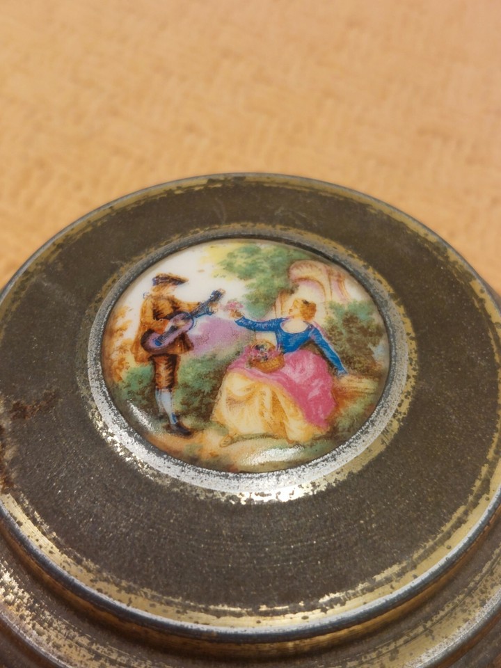 Antique, French Victorian Musical Powder Box w/ Handpainted Scene on