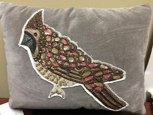 NEW Pottery Barn Velvet Jeweled Beaded Applique Cardinal Bird Pillow 12" x 16"